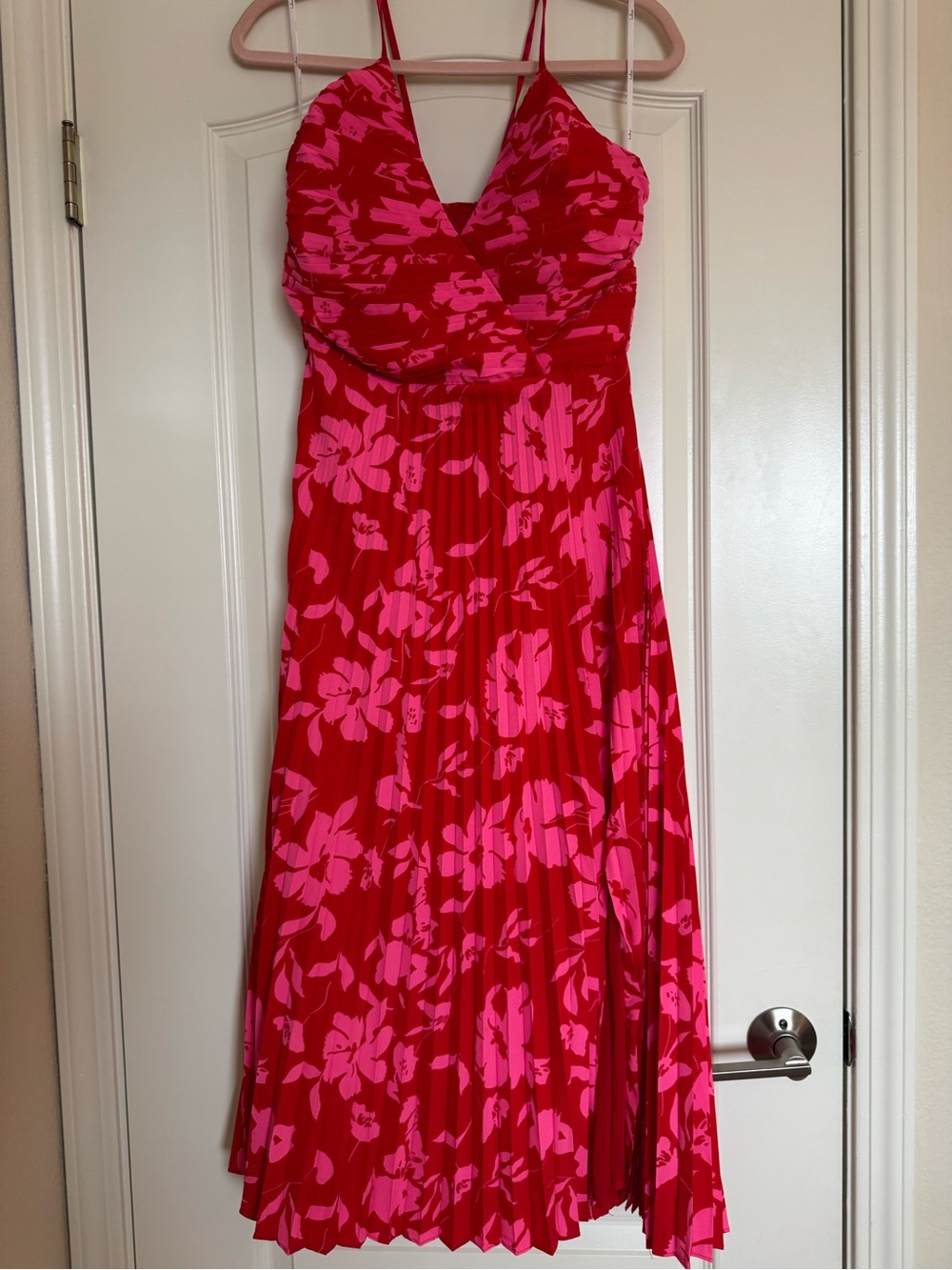 Lulu's Red and Pink Floral Pleated Midi Dress - Picture 3 of 5